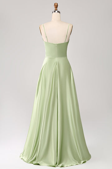 Dusty Sage A Line Cowl Neck Satin Long Prom Dress